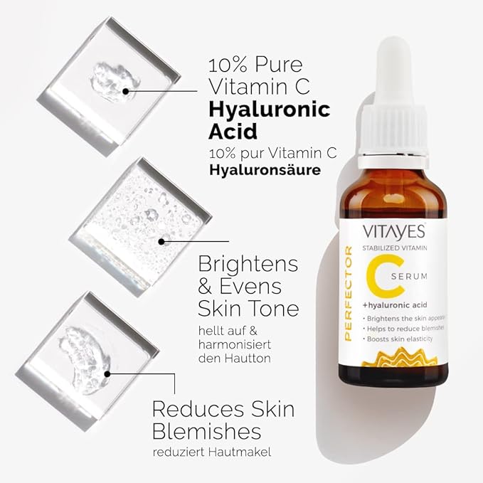 VITAYES Vitamin C Face Serum Anti Aging Serum with Hyaluronic Acid Skin Hydrating & Brightening for Dark Spots, Fine Lines and Wrinkles 1 Oz.