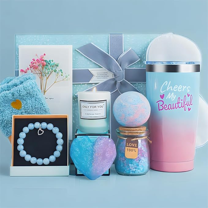 Gift Basket,Get Well Soon Gifts for Women,Relaxing Spa Gift Basket Set,Birthday Gifts for Women,Gift Basket Set for Mom Sister Best Friend Teacher Nurse Cowoker,Blue and Pink Gift Basket