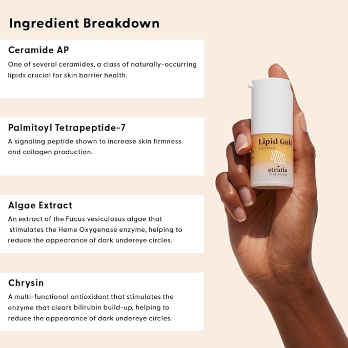 Stratia Lipid Gold Eye Cream Moisturizer and Anti-Aging Skincare for Dark Circles, Fine Lines, Wrinkles, and Under-Eye Brightening, 0.5 fl. oz