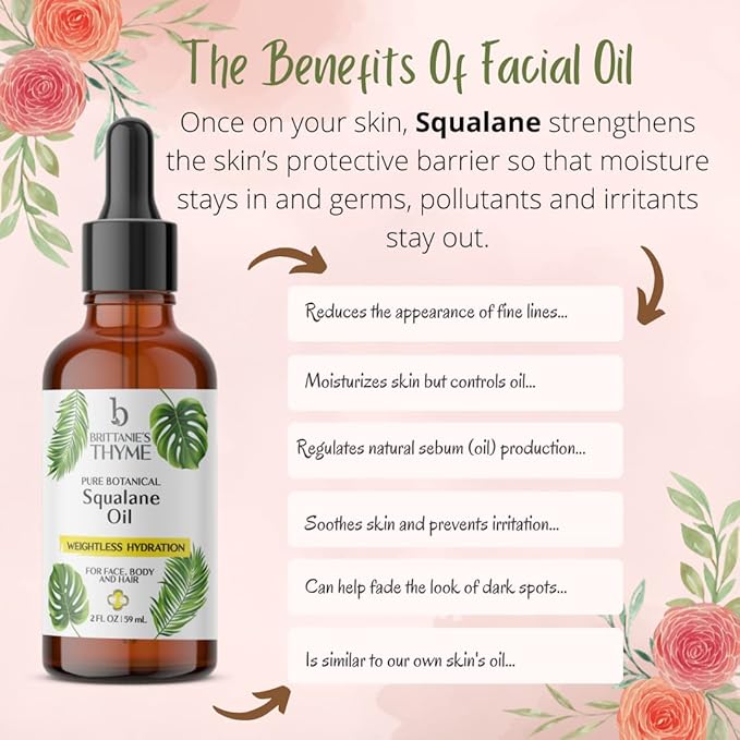Brittanie's Thyme Squalane Skin Moisturizing Oil 2oz | 100% Plant Derived Squalane for Face, Skin & Hair | Luxurious Formula, Lightweight Formula for Hydration