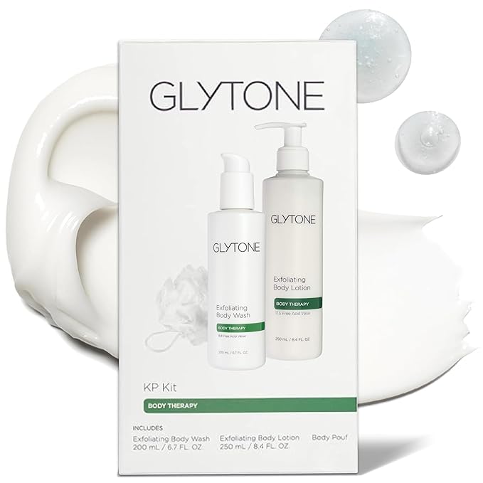 Glytone KP Kit – Exfoliating Body Wash, Glycolic Acid Lotion & Shower Pouf for Keratosis Pilaris – Smooth Rough Bumpy Skin, Fragrance-Free Skincare Routine for Dry Skin & Chicken Skin – Routine Kit