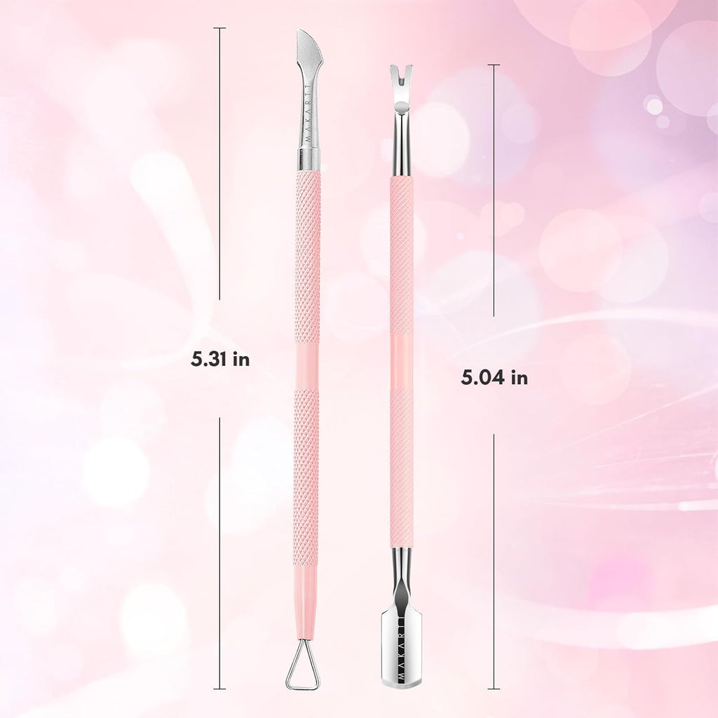 Makartt Cuticle Pushers, 2Pcs Stainless Steel Dual Ended Cuticle Remover with Spoon Pusher, Cutter, Scraper & Dead Skin Fork, Pink Manicure Pedicure Nail Care Kit