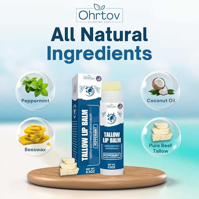 Beef Tallow Lip Balm – Natural Tallow Beeswax Chapstick – Hydrating Moisturizer Grass Fed Bison Tallow Balm Lip Care – Soothes Chapped, Dry Lips, Sensitive Skin – Long Lasting & Vitamin Rich USA-Made