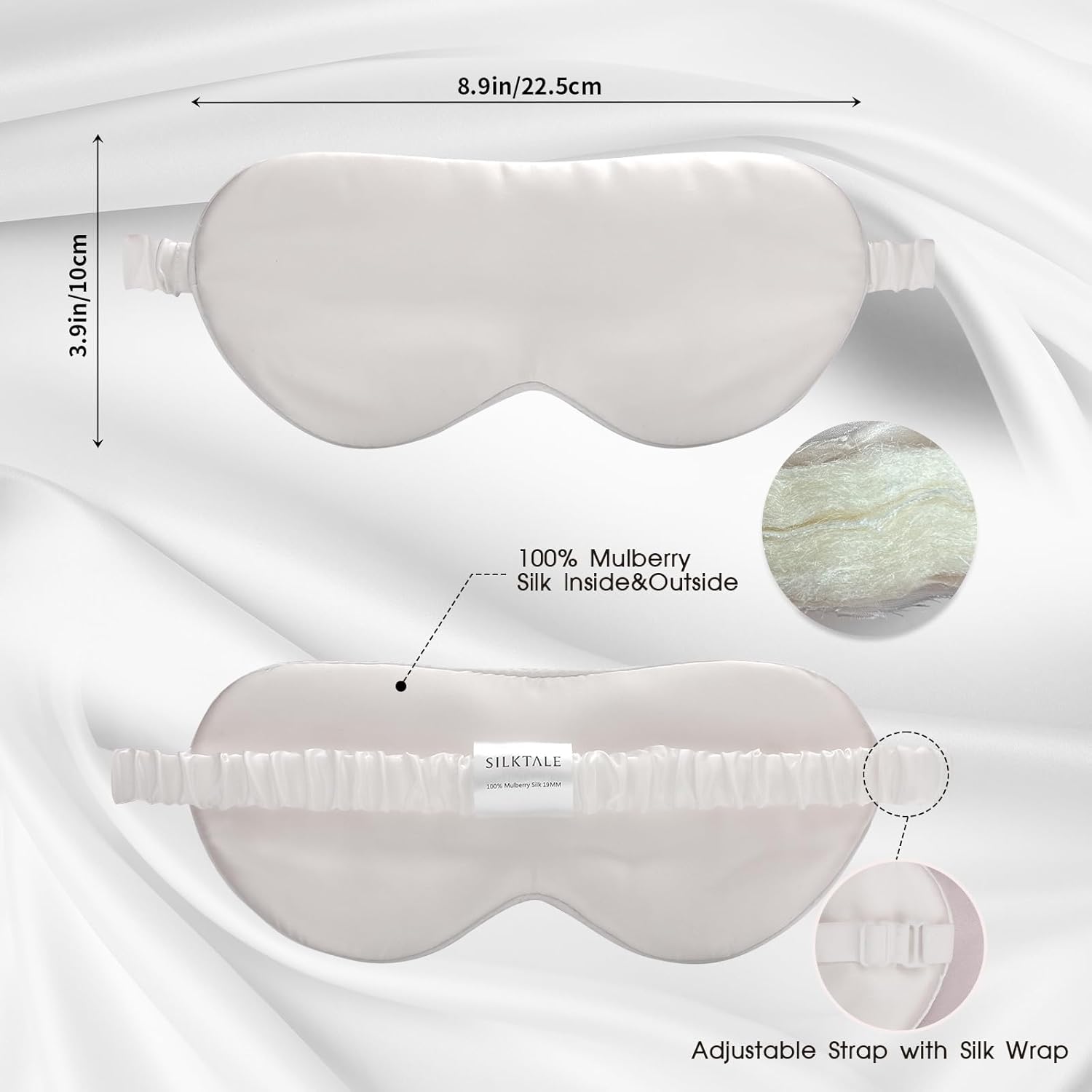 100% Mulberry Silk Eye Mask for Sleeping with Silk Wrapped Adjustable Strap,Ivory White