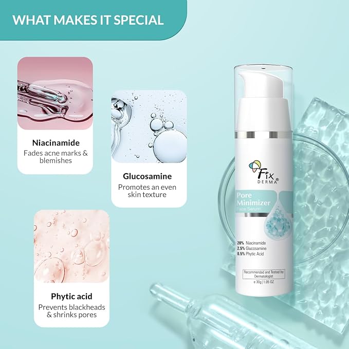 Fixderma 20% Niacinamide Serum for Face for Pore Minimizer with 2.5% Glucosamine & Hyaluronic Acid for Open Pores | Hydrating Serum for Men & Women - 30g