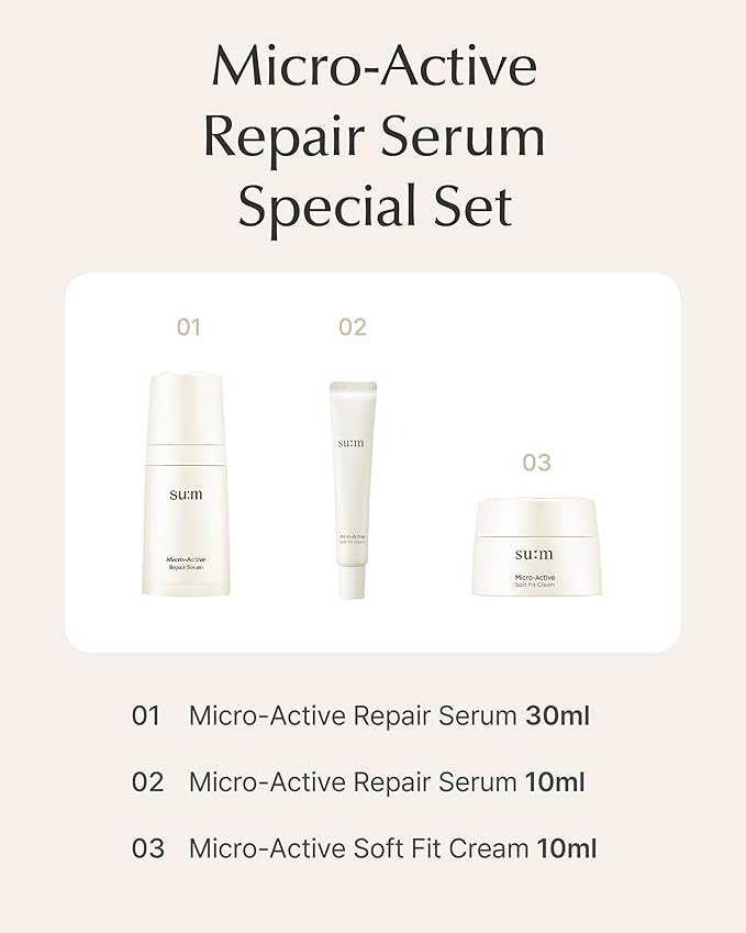 SU:M Micro-Active Repair Serum Set (3-piece set) - Hydrating and Calming Korean Skincare Serum for Sensitive and Acne-Prone Skin, Reduces Pores and Enhances skin tone