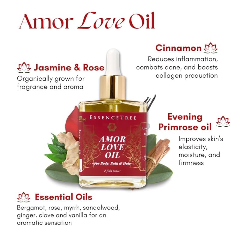 Amor Love Oil All-in-One Body Oil for Skin, Hair and Bath, Supports Youthful Skin, Addictive Scent Vanilla, Spice, Rose, Bergamot, Myrrh, Sandalwood, GLOW UP with Vitamin E