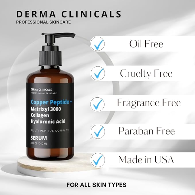 Copper Peptide + Matrixyl 3000, Collagen, Hyaluronic Acid Serum for face, Multi Peptide Firming and Plumping Serum, Anti-Wrinkle, Anti-Aging Face Serum - 8oz