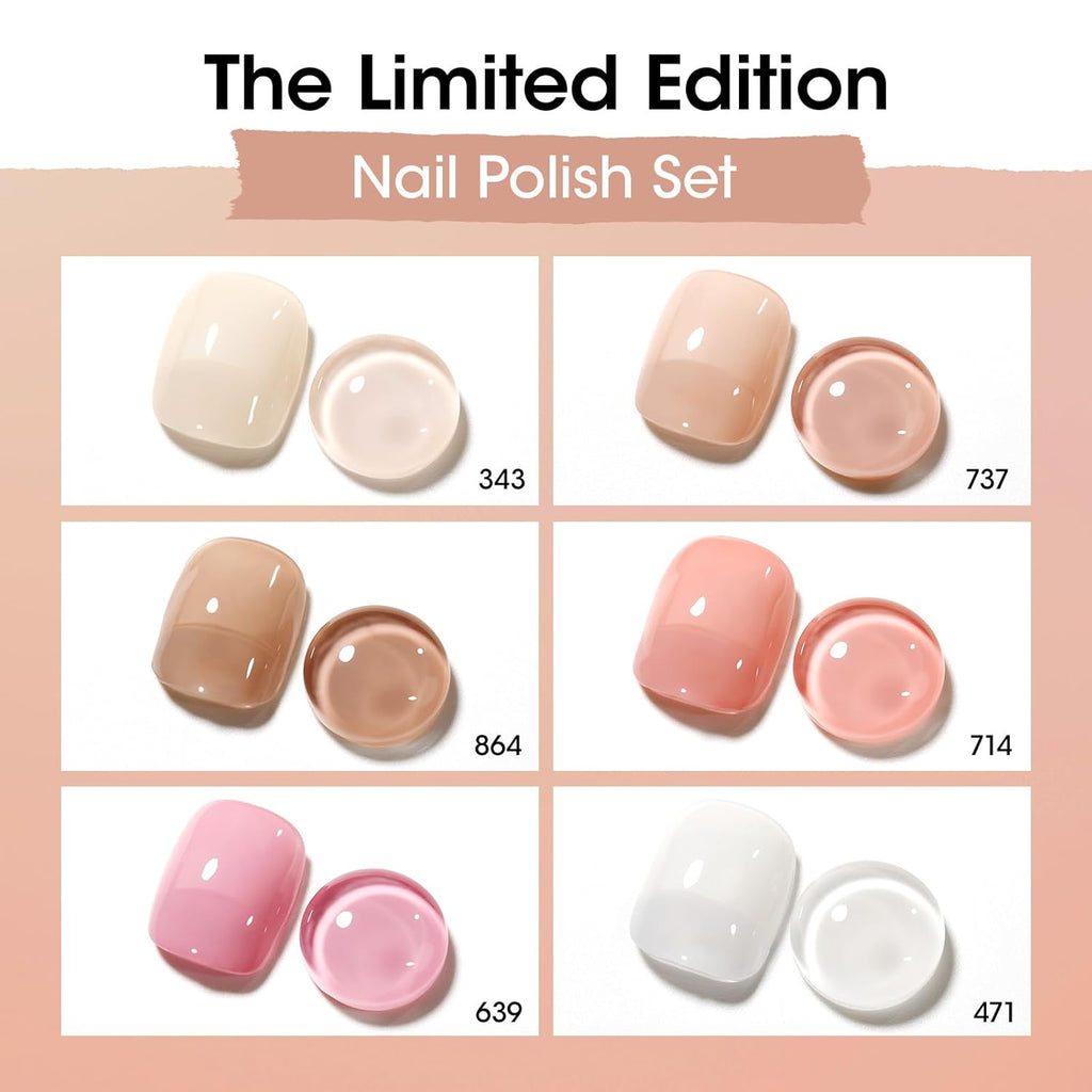 GELLEN Sheer Nude Jelly Nail Polish Not UV Gel, Neutual Regular Nail Polish, Translucent Nude Pink Milky White 6 Colors Set for Acrylic Natural Nails Home Salon, Quick Air Dry, Hema Free, Non-toxic