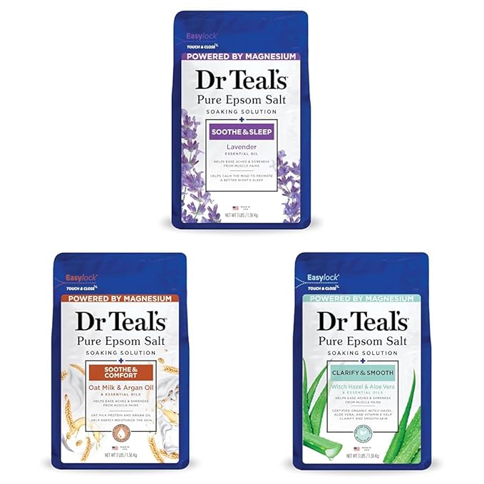 Dr Teal's Epsom Salt Soaking Solution Lavender, Oat Milk & Argan Oil and Witch Hazel & Aloe Vera Variants, 3 lbs each (9 lbs total) (Packaging May Vary)