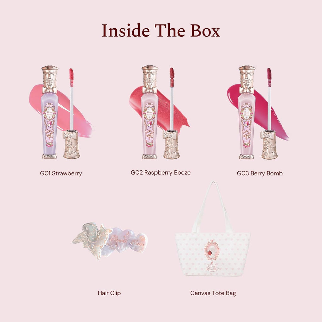Flower Knows Violet Strawberry Rococo Glowy Lip Gloss 3-Piece Set,G01+G02+G03 with Canvas Tote Bag & Hair Clip,Moisturizing Lip Oil,Hydrating Lip Plumper Makeup for Girls & Women
