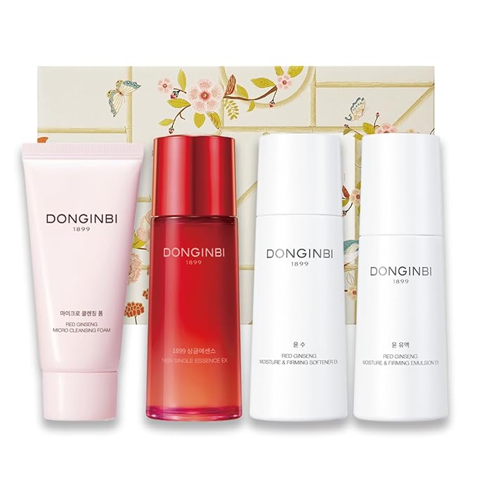 Donginbi Red Ginseng Essential Skin Care Set - Firming & Skin Barrier Repair Moisturizer, Hydrating Toner, Korean Red Ginseng Essence, Pore Cleaner, Korean Skin Care Gifts for Women
