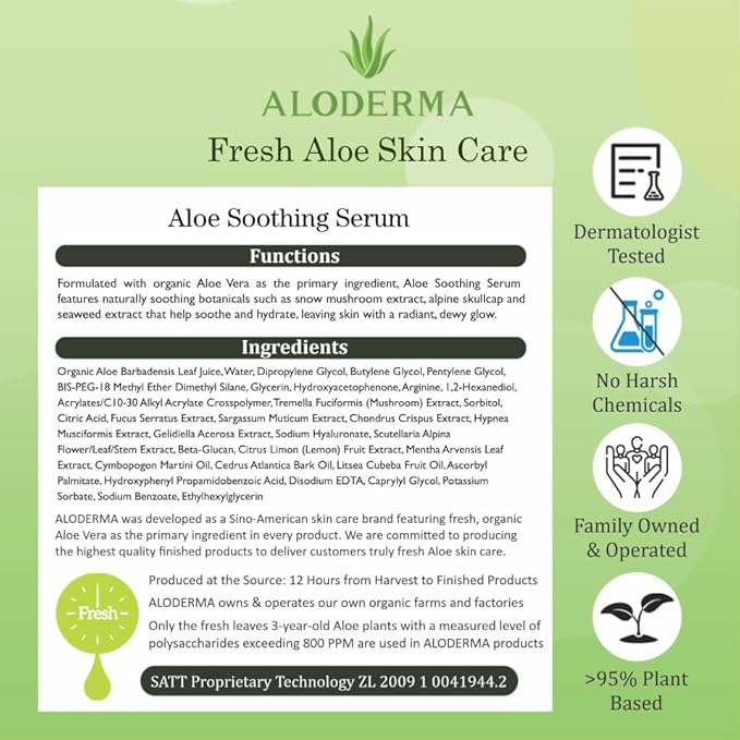 Aloderma Soothing Face Serum with 65% Organic Aloe Vera - Freshly Harvested Aloe for Sensitive Skin with Beta-Glucan & Arginine - Calming, Nourishing & Revitalizing Facial Serum for Clean Skin, 1.7oz