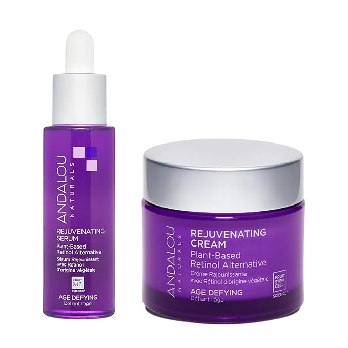 Andalou Naturals Age Defying Bakuchiol Plant-Based Retinol Face Moisturing Cream, 1.7 Ounce + Age Defying Rejuvenating Serum with Bakuchiol Plant-Based Retinol, 1 Oz, Minimize fine lines & Wrinkles