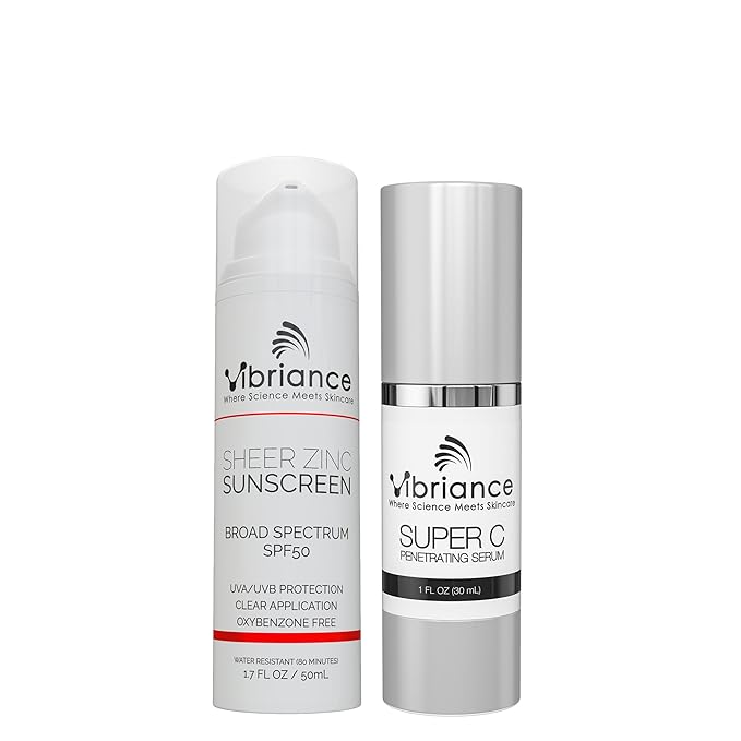 Vibriance Simple Skincare Essentials Bundle | Super C Vitamin Serum, Sheer Zinc Sunscreen SPF 50 Skin Care Set - Nourish, Protect, Illuminate