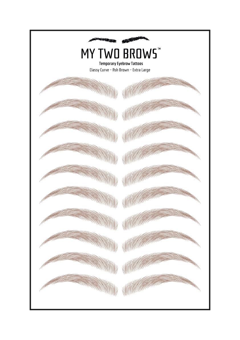 (10 pairs) Ash Brown Temporary Eyebrow Tattoo - Extra Large Size - Waterproof & Smudgeproof - Classy Curve Style Eyebrow Stickers - Sheet Lasts up to 30 Days - Won't Work on Existing Brows