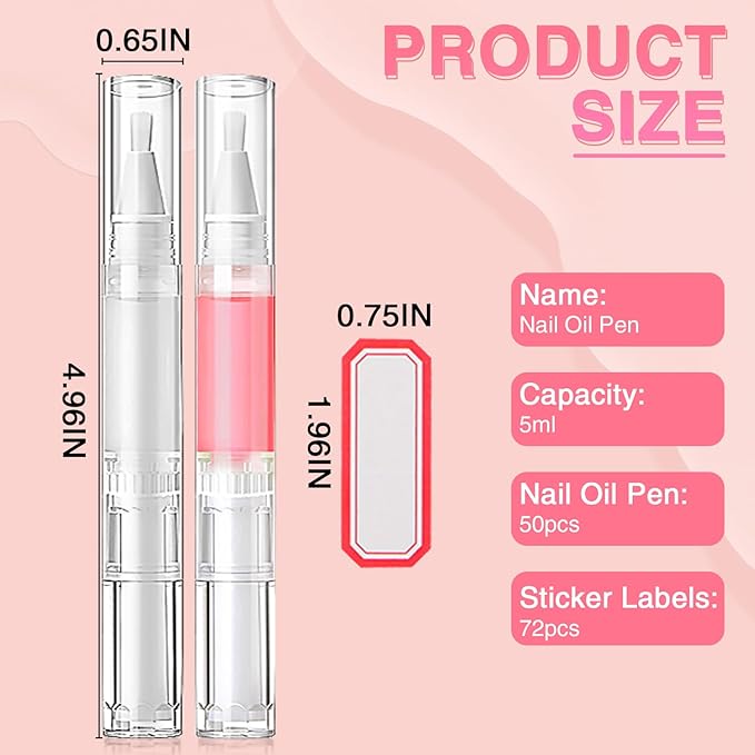 Cuticle Oil Pen 50Pcs 5ml Empty Nail Oil Pen Transparent Twist Pens with Brush Tip for Nail Oil, Eyelash Growth Liquid Tube, Cosmetic Lip Gloss Container Applicators + 72pcs Label