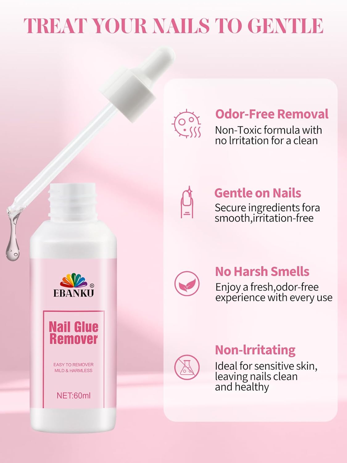 EBANKU 60ML Nail Glue Remover, Press On Nail Remover Quick Easy Removal, False Nails Adhesive Debonder with Cuticle Pusher, Non-Acetone Gentle Off for False Tips