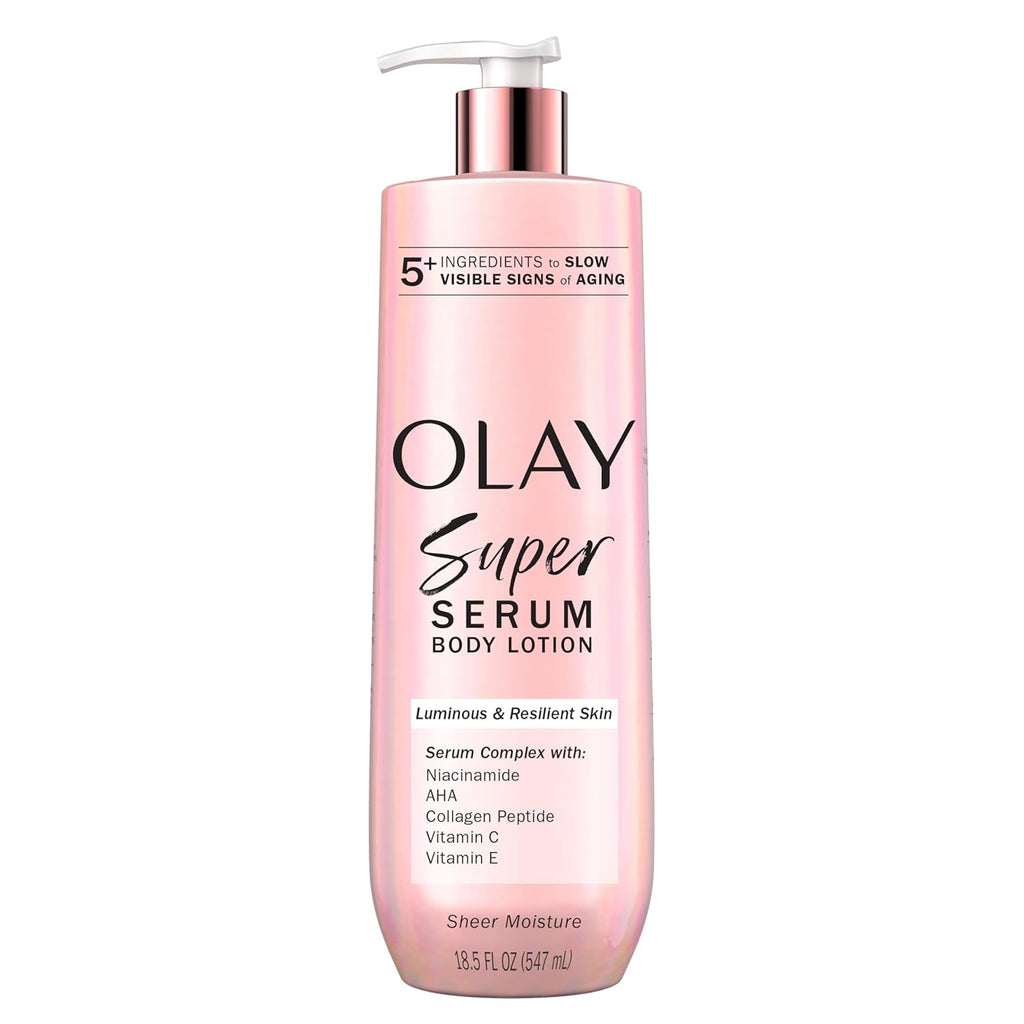 Olay Super Serum Hand & Body Lotion for Dry Skin, 24hr Long Lasting Hydration, 5+ Ingredient Serum Complex for Bright Even Firm Luminous Skin, Sweet Vanilla & Soft Wood Scent, 18.5 fl oz