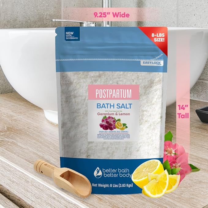 Postpartum Sitz Bath Soak 128 Ounces (8 Lbs) Bulk Bag Postpartum Care for New Moms Bath Salt with Essential Oils in Easy Press Lock BPA Free Pouch Made with Natural Ingredients Made in USA