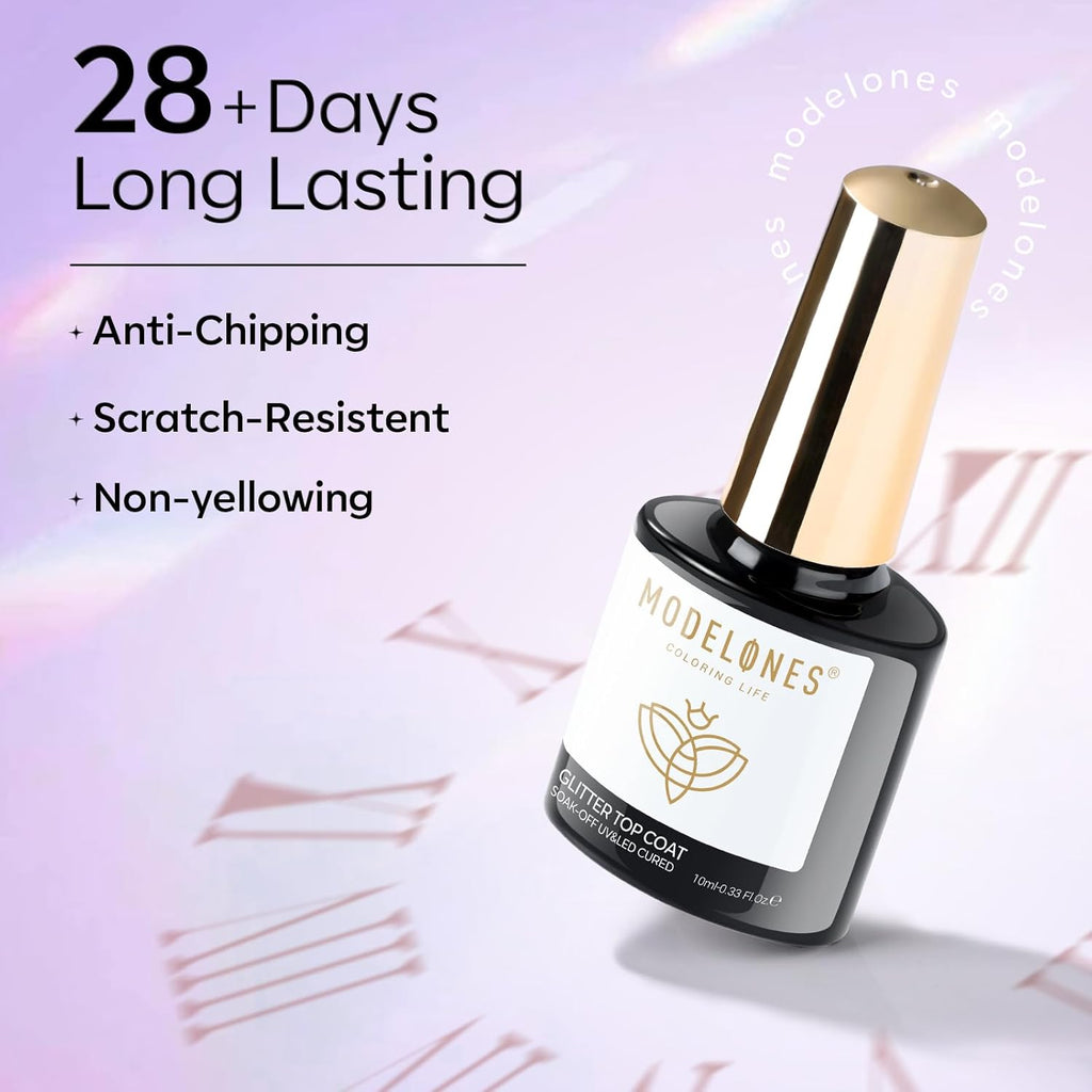 modelones Glitter Gel Nail Polish Top Coat, Rainbow Confetti Gel Top Coat with Scattered Sparkle Shimmer Sequins, Soak Off Long Lasting High Glossy Finish Home Salon DIY Manicure Nail Art 10 ML