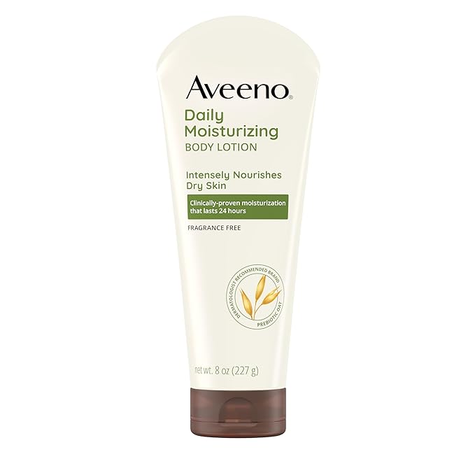 Aveeno Daily Moisturizing Body Lotion with Soothing Prebiotic Oat, Gentle Lotion Nourishes Dry Skin With Moisture, Paraben-, Dye- & Fragrance-Free, Non-Greasy & Non-Comedogenic, 8 fl. oz