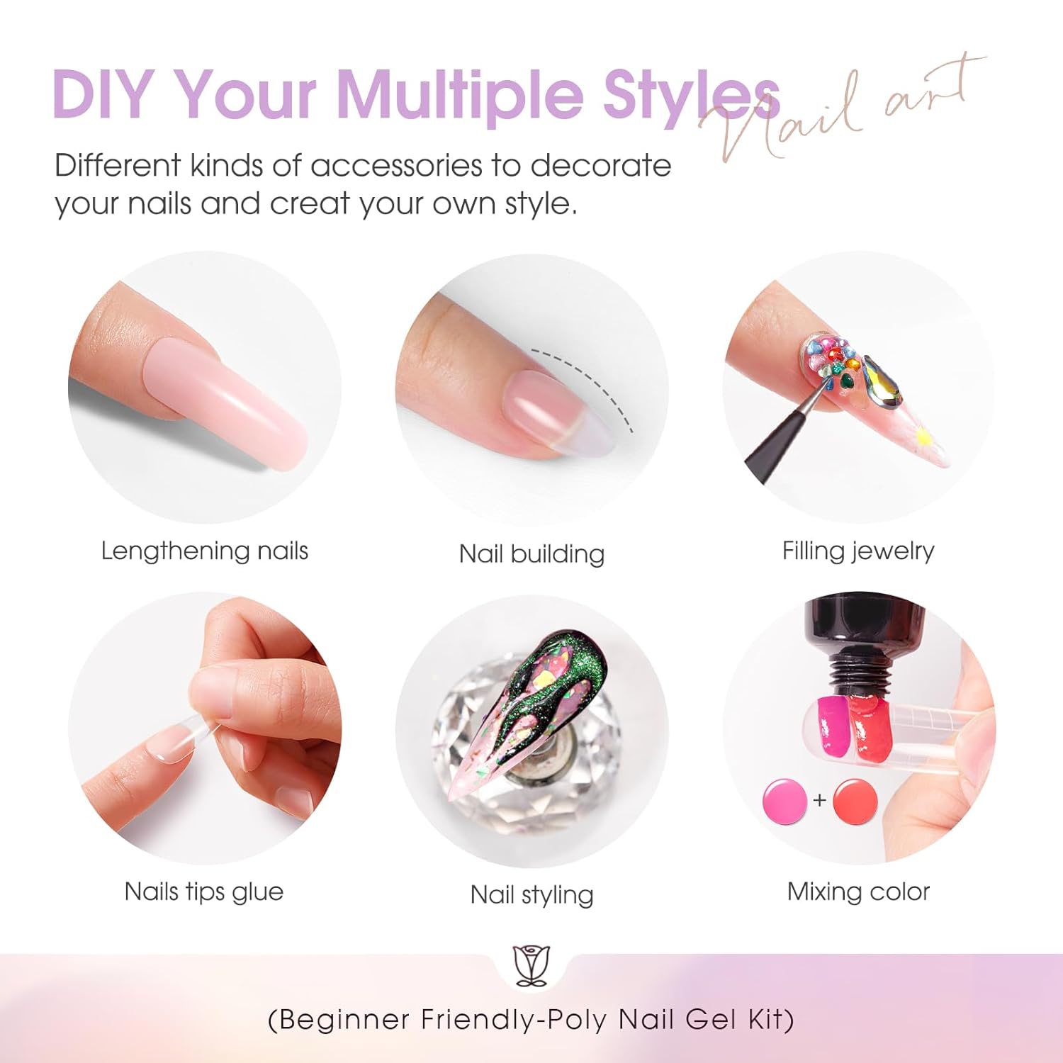 ROSALIND Poly Nail Gel Kit -38 Classic Colors +72 Nail Art Accessories kit Clear Nude Poly Nails Gel Kit Starter Kit with Mini UV Lamp Slip Solution Basic Tools for Beginners with Everything