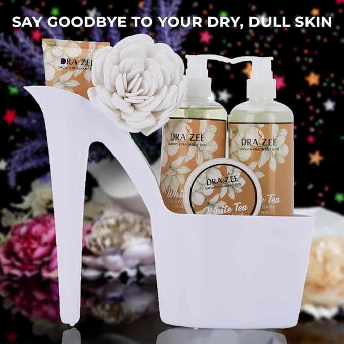 Draizee Mothers Day Gifts for Mom-Spa Gift Baskets for Women-6 Pcs Luxury White Tea Scented Heel Shoe Design Bath and Body Spa Set, Self Care Package for Women, Presents for Mom, Body Care Set for Her