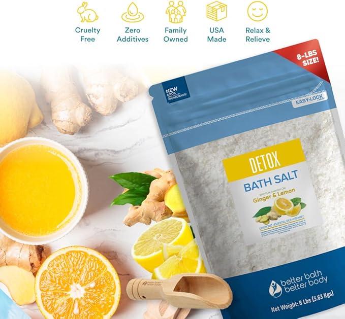 Detox Bath Salt 128 Ounces Epsom Salt with Natural Ginger and Lemon Essential Oils Plus Vitamin C in BPA Free Pouch with Easy Press-Lock Seal