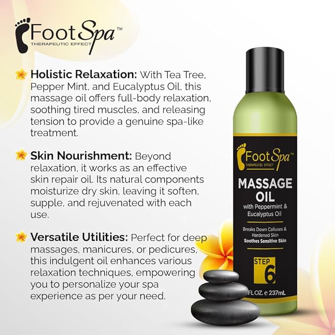 Foot SPA - Massage Oil, with Tea Tree, Pepper Mint, Eucalyptus Oil, 8 Oz - Professional Full Body Massage Therapy, Manicure, Pedicure - Relax Sore Muscles and Repair Dry Skin