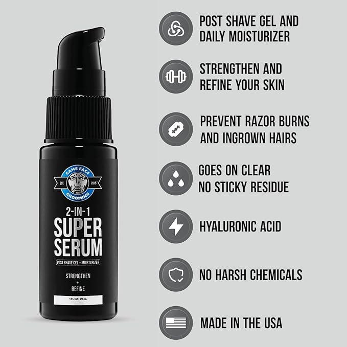 Game Face Grooming 2-in-1 Super Serum - After Shave Gel & Daily Moisturizer Skin Care For Men | Reduce Redness, Razor Burn, & Irritation | Hydrate Skin, Prevent Wrinkles