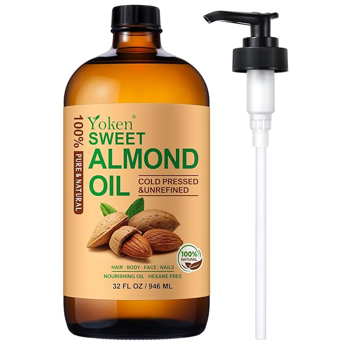 Sweet Almond Oil 32 fl oz 100% Pure Cold Pressed Glass Bottle Sweet almond Oil for Skin, Hair, Almond Oil for Hair Moisturier, Smooth and Soft Skin, Carrier Oil for DIY, Massage
