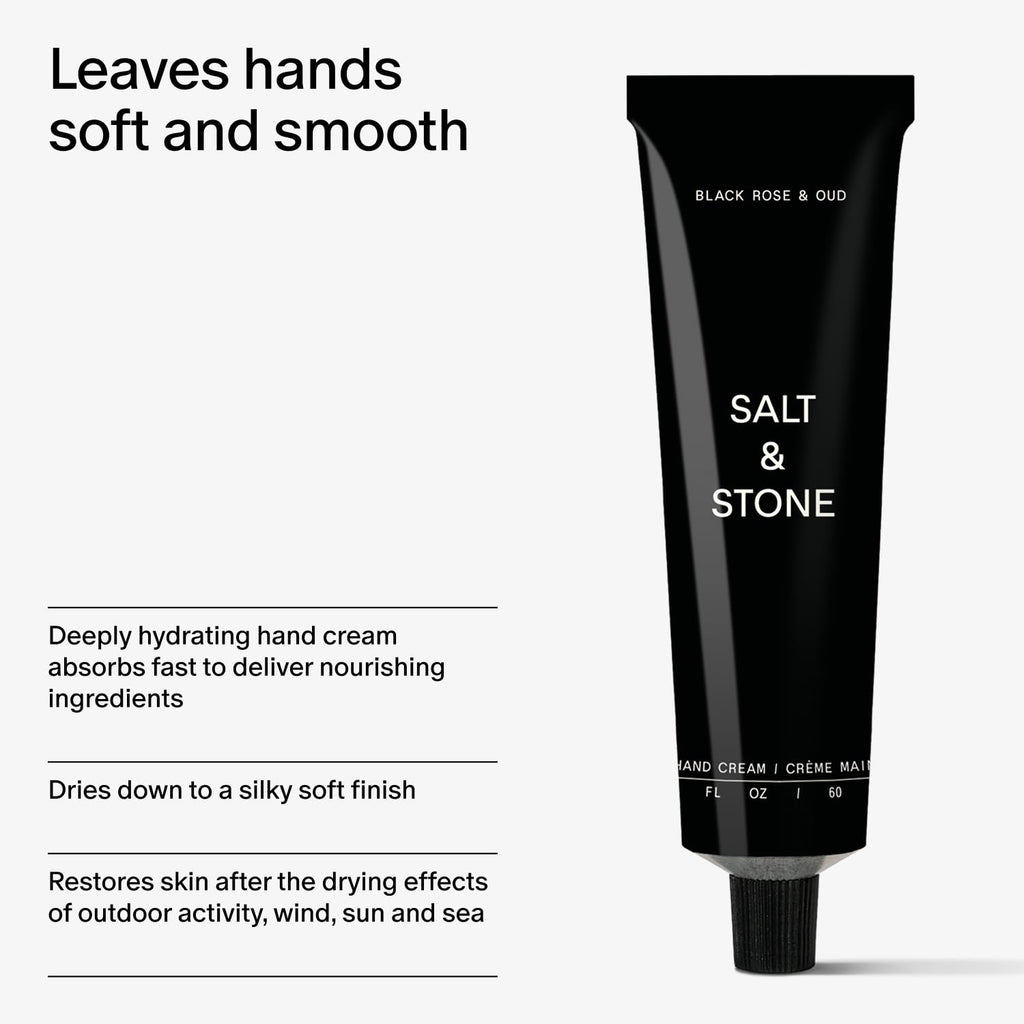 Salt & Stone Hand Cream for Women & Men | Black Rose & Oud | Hydrates, Nourishes & Softens Skin | Restores Dry Cracked Hands | Fast-Absorbing | Cruelty-Free & Vegan (2 fl oz)