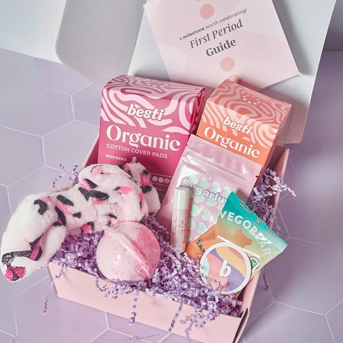 Besti First Period Kit for Girls (Ages 9-12) | Organic Pads & Liners, Pimple Patches, Bath Bomb, Lip Balm, Spa Headband & First Period Guide | Self-Care Gift Box for Teens – Menstrual Starter Kit