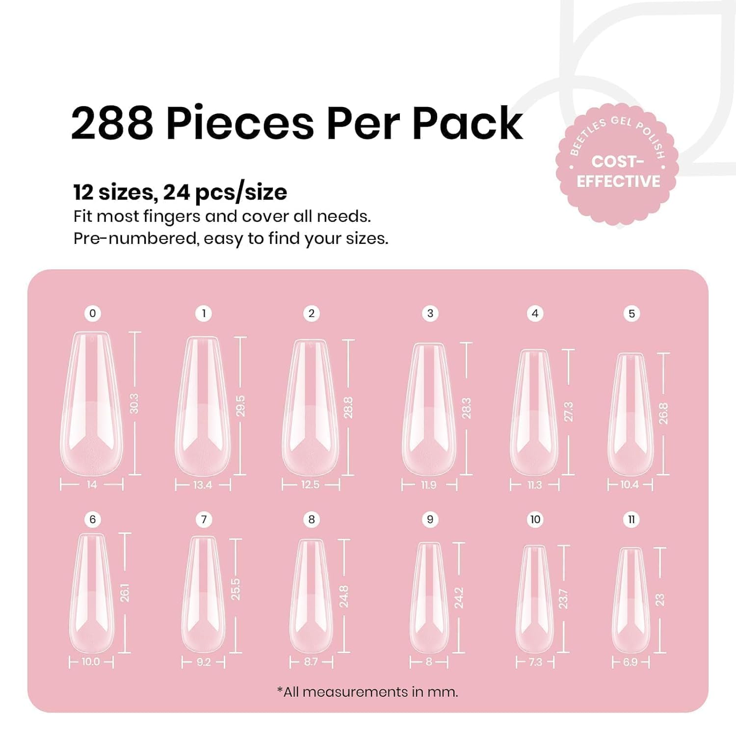 Beetles Coffin Long Gel Nail Tips –Pre-Etched Half Matte Full Cover, 288 Pieces, Pre-Shaped in 12 Sizes for Press-On Extensions
