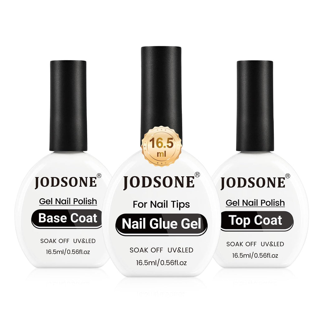 JODSONE 3Pcs 16.5ml Top Coat and Base Coat Set with Nail Glue Gel No Wipe Top Coat Base Nail Glue Gel for Attaching False Nails Securing Decorations Need U V Lamp Cured