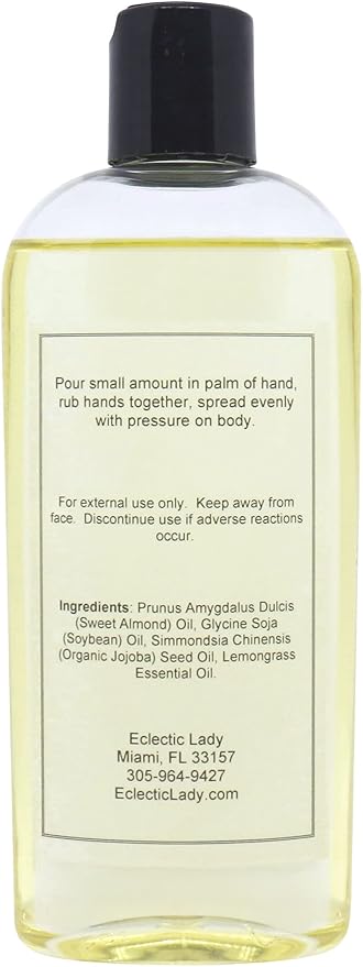 All Natural Lemongrass Massage Oil - Eclectic Lady 8 oz. 100% Natural Ingredients with Sweet Almond & Jojoba Oil, Relaxing Scent for Men & Women