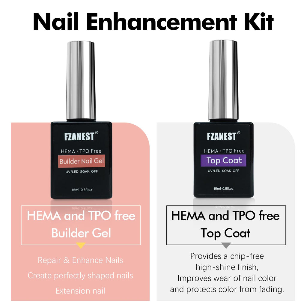 FZANEST Builder Nail Gel and Top Coat, 15ml * 2Pcs Hema & TPO-Free Builder Gel Nail Kit Strengthen Extension No Wipe Ultra Shine Top Coat Nail Polish Soak Off UV Led