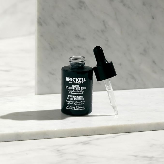 Brickell Men's Anti Aging Hyaluronic Acid Serum for Face, Reviving Day Serum for Men, Natural and Organic with Protein Peptides to Restore Firmness and Collagen, 1 Ounce, Scented