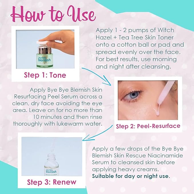 Bye Bye Blemish Skin Resurfacing Regimen Set, with Witch Hazel & Tea Tree Skin Toner, Skin Resurfacing Peel Serum, and Skin Rescue Serum with Niacinamide and Zinc, Cruelty-Free, Bundle Pack