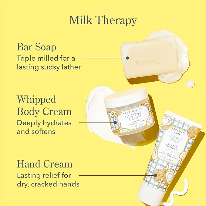 Beekman 1802 Coconut Cream Goat Milk Bodycare Discovery Kit - 3 Pieces - Scented - Cleanses, Nourishes & Hydrates - With Lactic Acid & Shea Butter - Microbiome Friendly - Good for Sensitive Skin
