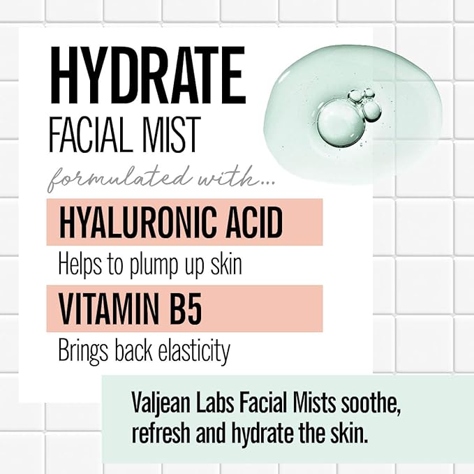 Valjean Labs Face Mist - Hydrate | Hyaluronic Acid + Vitamin B5 | Helps to Hydrate and Plump Skin and Restore Elasticity | Paraben Free, Cruelty Free, Made in USA (4 oz)