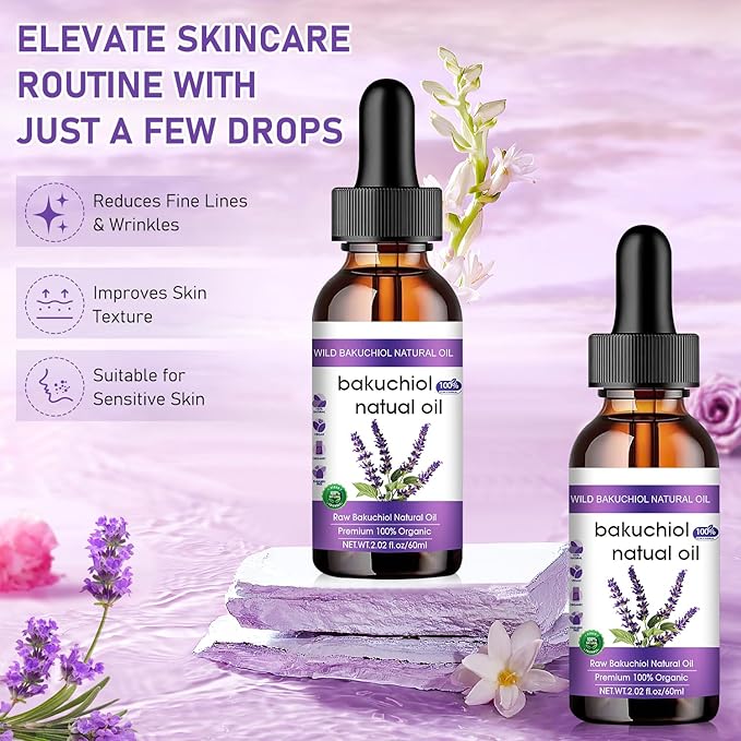 Bakuchiol Oil Organic, Natural Bakuchiol Serum for Face, Vegan Retinol Alternative with Squalane, Sensitive Skin Safe Soothes Irritated Skin, Reduces Fine Lines, Wrinkles(2Pcs- 2 Fl.oz)