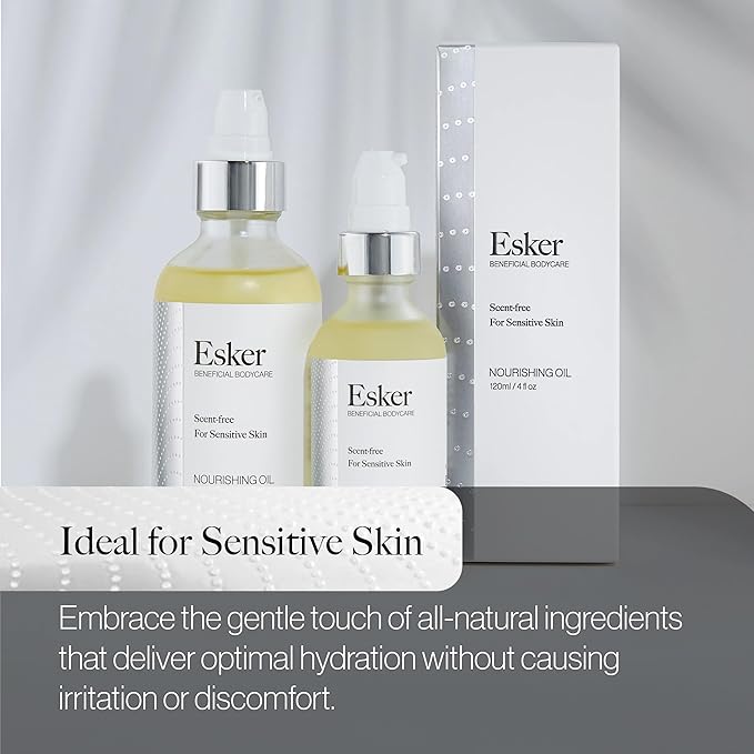 ESKER Nourishing Body Oil For Sensitive Skin Formulated to Hydrate and Retstore Dry Skin Infused with Prickly Pear Oil | Unscented | Vegan | Cruelty-Free Clean Beauty (2 fl oz | 60 ml)