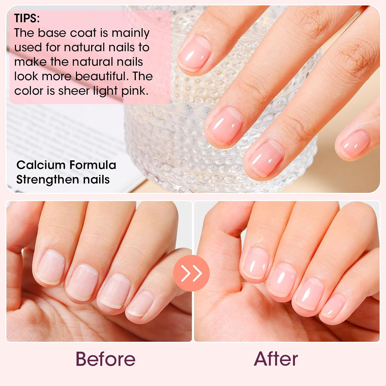 GELLEN Clear Nail Polish Base Coat Sheer Tinted Pink, Natural Color Regular Nail Polish, Calcium Formula Strengthens Nails, Enhances Natural Look, Quick Air Dry, Hema Free, Non-toxic, Anti-yellowing