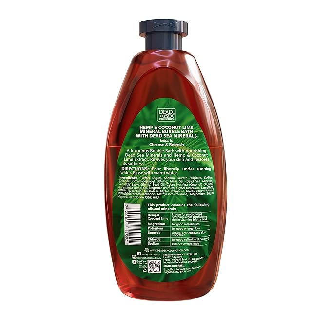 Dead Sea Collection Bubble Bath with Hemp & Coconut Lime for Women and Men – Pure Dead Sea Minerals - Relaxing Foaming Bath - Nourishing and Moisturizes Skin - Pack of 2 (67.6 fl.oz)