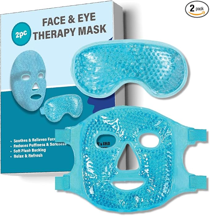 USA Merchant - 2PCs Cold & Hot Face and Eye Gel Mask, Reduce Puffiness, Dark Circles, Swelling, Headache, Skin Care Reusable Reversible Cooling and Hot Mask (Eye & Face Mask Blue)
