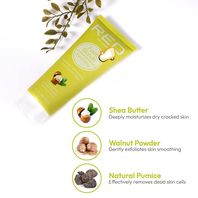 RED by Kiss Foot Scrub for Dead Skin – Exfoliates, Moisturizes, Nourishes Dry and Cracked Heels, Use with Foot Scrubber for Pedicure 5.3 oz.