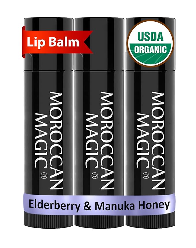 Organic Moroccan Magic Lip Balm 3 Pack | Elderberry & Manuka Honey Lip Balm Set | Chapsticks for Dry Lips | Made with Natural Argan, Essential Oils Lip Moisturizer and Vitamin E | Smooth Application