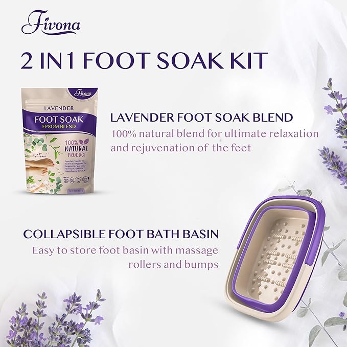 Fivona Foot Care Kit 2 in 1 - Foot Soak Blend with Epsom Salt, Lavender and Essential Oils - Expandable Foot Soak Basin - Pedicure Spa Soak for Tired Feet, Cracked Heels, Stubborn Foot Calluses